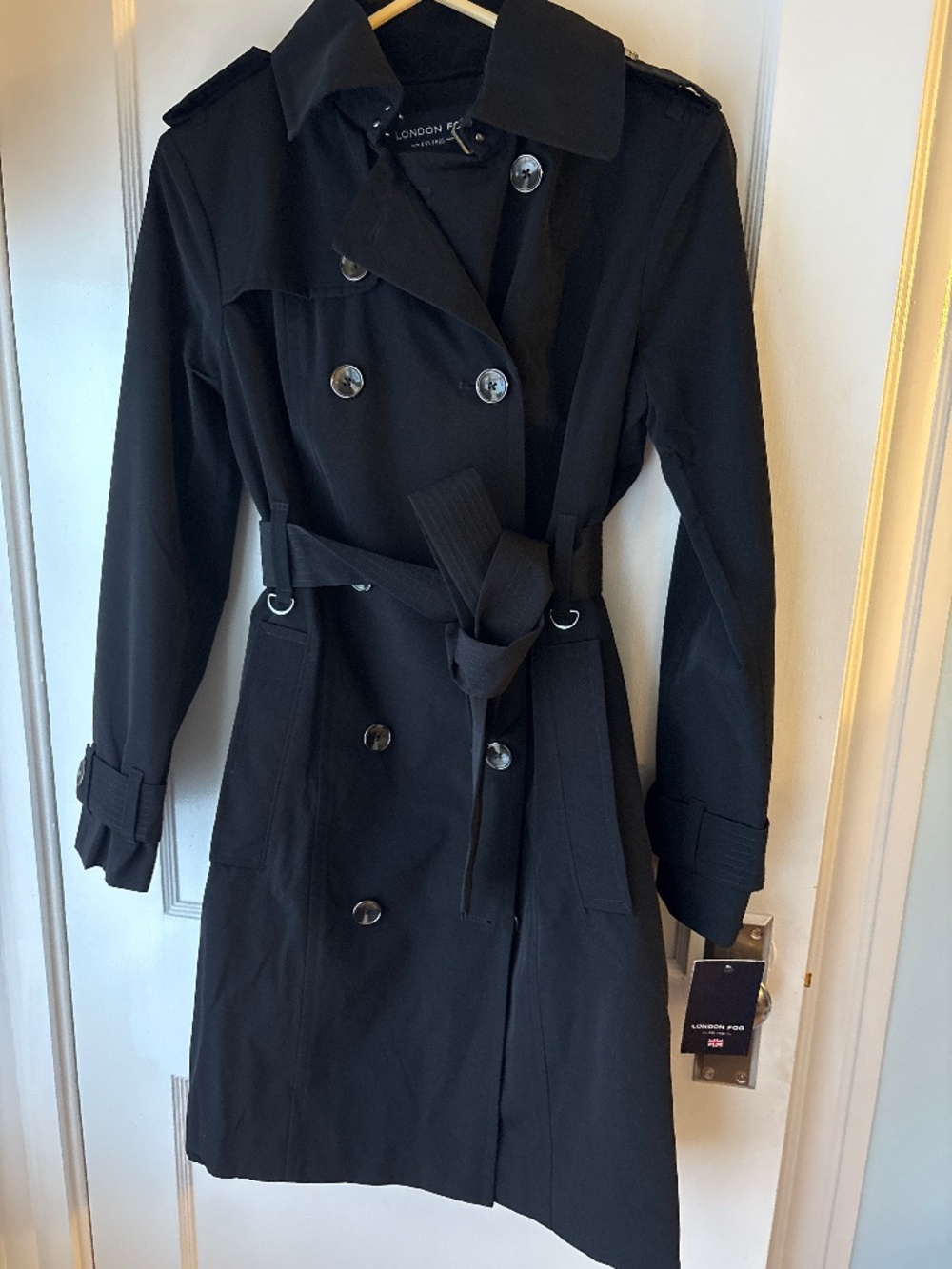 London Fog Double Breasted Hooded Trench Coat, Black, Sz XXS, NWT
